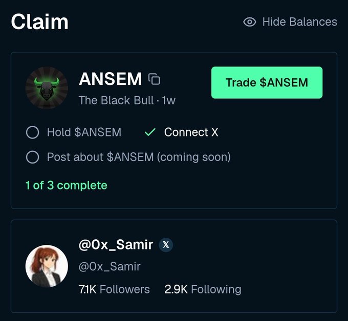 A cryptocurrency claim interface for the $ANSEM token ('The Black Bull · 1w') showing tasks to complete (Hold $ANSEM checked, Connect X checked, Post about $ANSEM coming soon), with a 'Trade $ANSEM' button and the profile @0x_Samir having 71K followers.