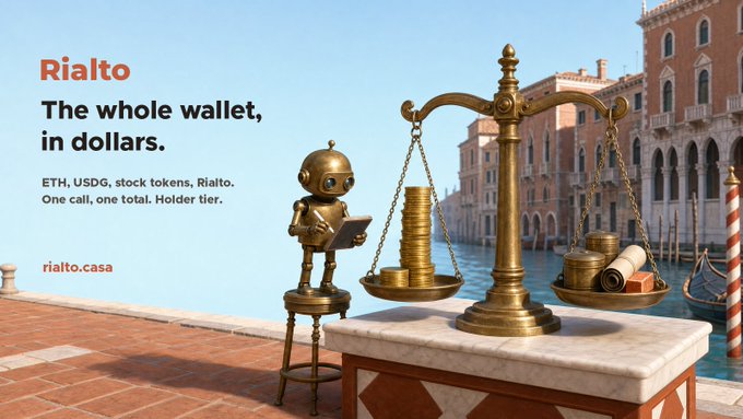 A golden robot accountant weighs stacks of coins and scrolls on a brass scale against a Venetian waterfront backdrop, with text reading "Rialto – The whole wallet, in dollars. ETH, USDG, stock tokens, Rialto. One call, one total. Holder tier. rialto.casa," illustrating the post's message of consolidating all crypto and token holdings into a single dollar-denominated value.