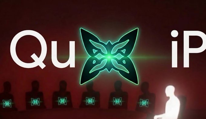 Crypto promotional image featuring a glowing green butterfly logo with partial text 'Qu...' and '...iP' visible, likely 'QuackAI' or similar project branding.