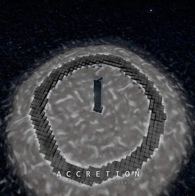 An album cover or promotional image for 'ACCRETION' showing a circular structure with a central monolith in a cosmic, textured landscape with the text 'SECOND UNTIL REVEAL' at the bottom.