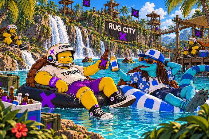 A vibrant cartoon illustration shows yellow characters and a blue creature relaxing on inflatable floats in a tropical pool setting, with a banner reading "RUG CITY" hanging in the background.