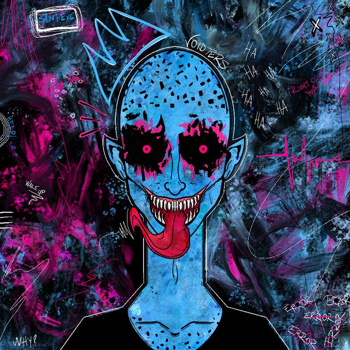 The image features a blue-skinned, red-haired person with a large tongue sticking out, giving them an eerie appearance reminiscent of a demon or a monster. The background consists of various colors and shapes that create a chaotic atmosphere. The caption "VOID SAINTS— EMOTION ANALYSIS!" suggests that the image is meant to evoke emotions related to the concept of voids or emptiness, which can be interpreted as a representation of the person's inner turmoil or emotional state.

The post also mentions "WHY DO YOU FIND ME?", possibly referring to the artist who created this disturbing and thought-provoking piece. The image is accompanied by a watermark that reads "WL Spots What do you feel?" This indicates that the creator of the artwork wants viewers to engage with their work, asking them to reflect on their own emotions or experiences related to the depicted voids or emptiness.