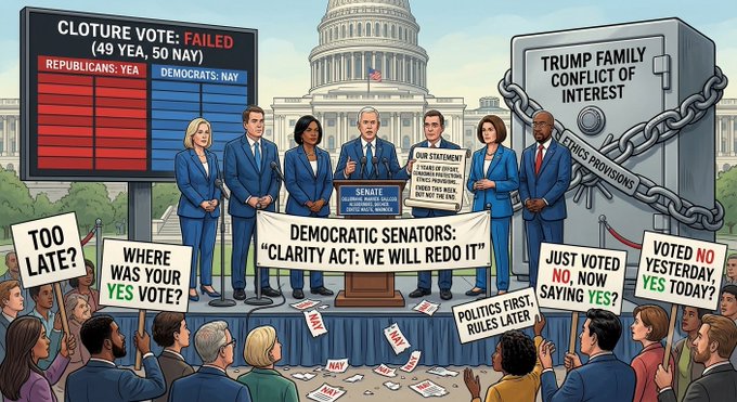 A press conference at the U.S. Capitol where Democratic senators—including Gillibrand, Warner, Gallego, and Alsobrooks—hold a banner reading "DEMOCRATIC SENATORS: 'CLARITY ACT: WE WILL REDO IT'" alongside a scoreboard showing a failed 49-50 cloture vote on the "CLOTURE VOTE: FAILED" bill, while critics hold signs questioning their reversal ("JUST VOTED NO, NOW SAYING YES?") next to a vault labeled "TRUMP FAMILY CONFLICT OF INTEREST" wrapped in chains marked "ETHICS PROVISIONS."