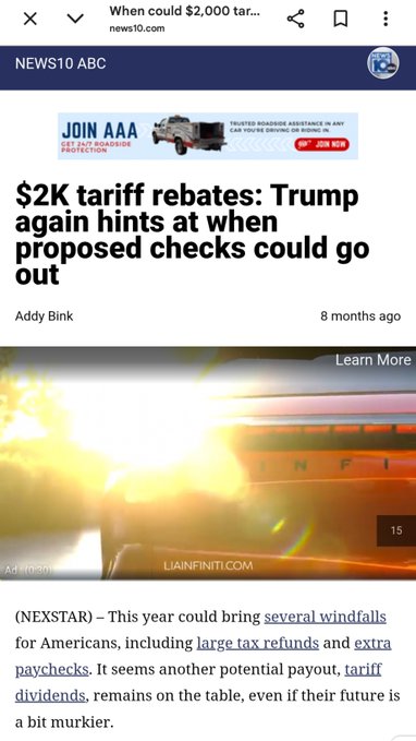 A news article from 'NEWS10 ABC' titled '$2K tariff rebates: Trump again hints at when proposed checks could go out' by Addy Bink, posted 8 months ago.