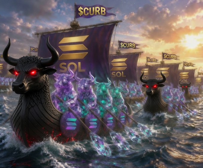 A fantasy digital illustration of dark ships with '$CURB' flags and bull-headed figureheads sailing through purple, glowing water.