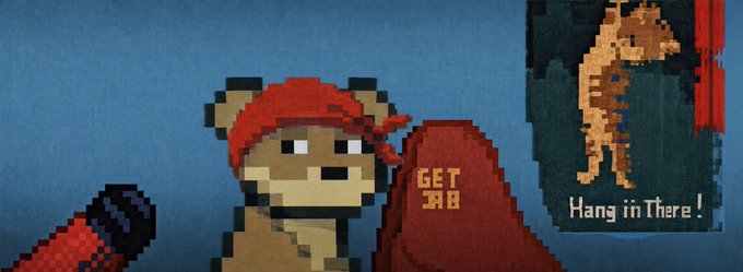 A pixel art scene featuring a bear-like character wearing a red bandana, with a 'GET 38' token and a poster on the wall reading 'Hang in There!'