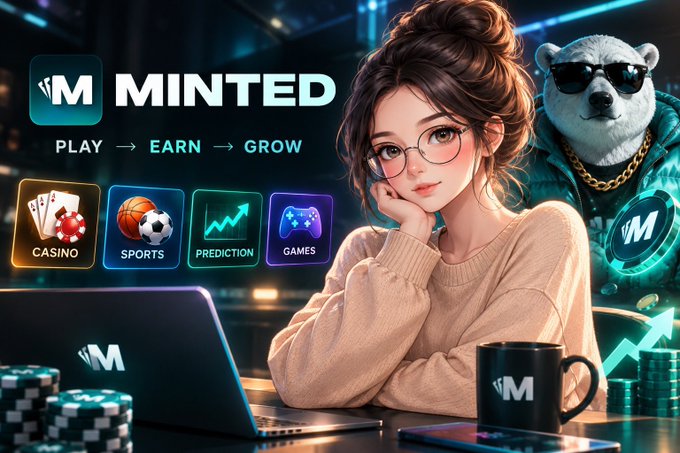 A promotional banner for 'MINTED' featuring the tagline 'PLAY → EARN → GROW' with icons for Casino, Sports, Prediction, and Games, alongside an anime-style woman with glasses and a bear in sunglasses.