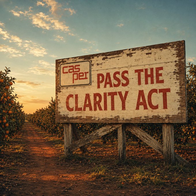 A rustic roadside sign in an orange grove reads "cas per PASS THE CLARITY ACT," tying the orange imagery to the post's message about how a single Senate vote—on the Clarity Act—has the citrus industry (and others) holding its breath.