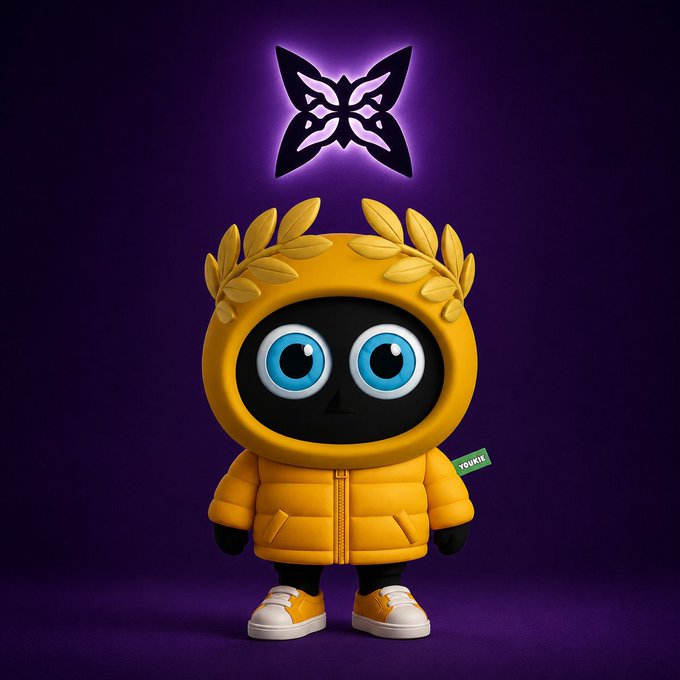 A 3D-rendered mascot character with a black face, blue eyes, and a yellow puffer jacket with a leaf crown, standing under a glowing butterfly logo on a purple background.