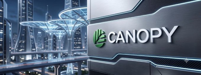 A futuristic cityscape with tall towers and UFO-like structures, with a metallic sign displaying the 'CANOPY' logo in white and green.