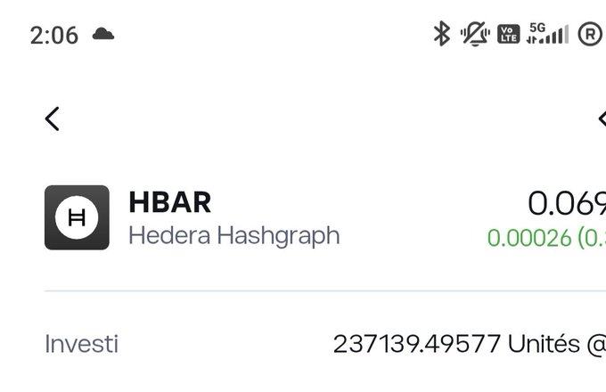 A mobile screenshot shows HBAR (Hedera Hashgraph) holdings of 237139.49577 units at a price of 0.069.
