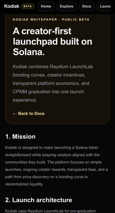 A dark-themed screenshot of the Kodiak (BETA) whitepaper webpage with the headline "A creator-first launchpad built on Solana," highlighting how the platform combines bonding curves, creator incentives, and transparent platform economics—aligning with the post's emphasis on a trustworthy, battle-tested launch infrastructure rather than hype.