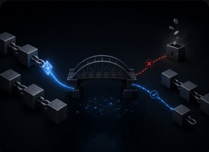 An illustrated graphic depicting two chained paths separated by a bridge; the blue path shows an Ethereum diamond crossing safely (with a checkmark), while the red path shows coins being lost (with an X).