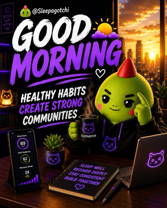 A 'Good Morning' graphic from @Sleepagotchi featuring a green avocado-like character with a red horn, a phone showing sleep scores, a notebook reading 'Sleep Well, Recover Deeply, Stay Consistent, Build Together,' and the message 'Healthy habits create strong communities.'