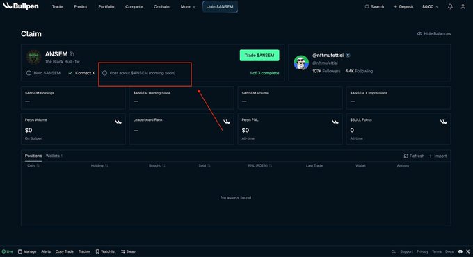 A screenshot of the Bullpen platform displays a "Claim" page for the $ANSEM token, showing a trade button and a red-boxed notification reading "Post about $ANSEM (coming soon)" alongside a 4.4K following count on the @mufettistici profile. The metrics show $0 across PnL Volume, Leaderboard Rank, PnL, and BullQL Points, reflecting the post's emphasis on participating in the Bullpen campaign to capitalize on $ANSEM's trading activity.