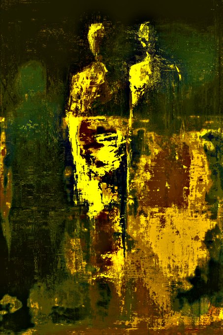 An abstract, expressionist painting with dark green and yellow-gold tones, featuring vertical textured brushstrokes that suggest obscured figures or a weathered, moody composition.