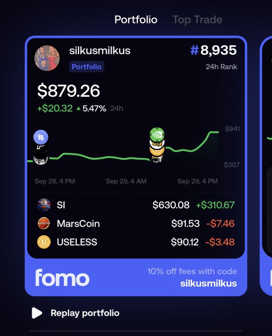 A screenshot of a cryptocurrency portfolio app called "fomo," showing a user named "silkusmilkus" with a balance of $879.26, ranked #8,935. Holdings include SI at $630.08 (+$310.67), MarsCoin at $91.53 (-$7.46), and USELESS at $90.12 (-$3.48), with a 10% off fees promo code "silkusmilkus" displayed.