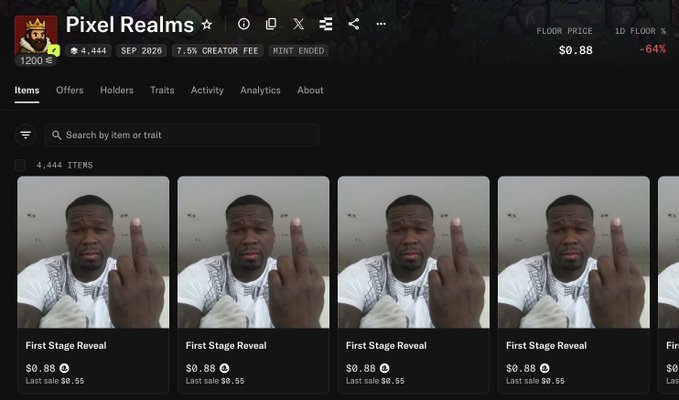 A screenshot of an NFT collection called 'Pixel Realms' on what appears to be OpenSea, showing multiple identical items called 'First Stage Reveal' featuring an image of a man holding up his middle finger, each listed at $0.88.