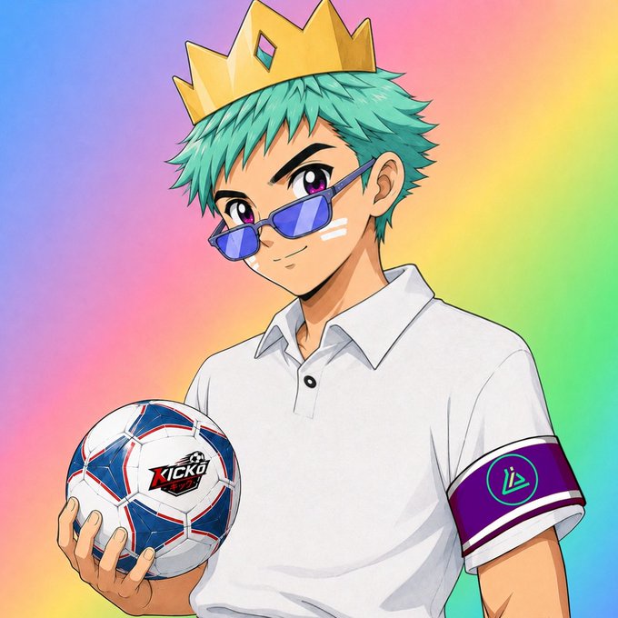 An anime-style illustration features a teal-haired character wearing a gold crown, blue sunglasses, and a white polo shirt, holding a 'KICKO' branded soccer ball against a rainbow gradient background.