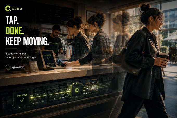 An advertisement for 'CERO' with the text 'TAP. DONE. KEEP MOVING.' and '@joinCero', showing a motion-blurred sequence of a woman paying at a coffee shop counter.