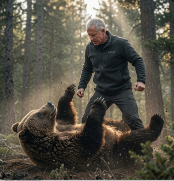A man in a dark jacket standing over a bear lying on its back in a forest, appearing to be in a defensive or confrontational stance.