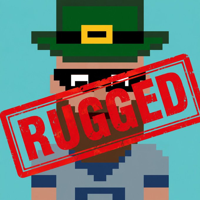 A pixel art character wearing a green leprechaun hat with a gold buckle, overlaid with a large red 'RUGGED' stamp on a teal background.
