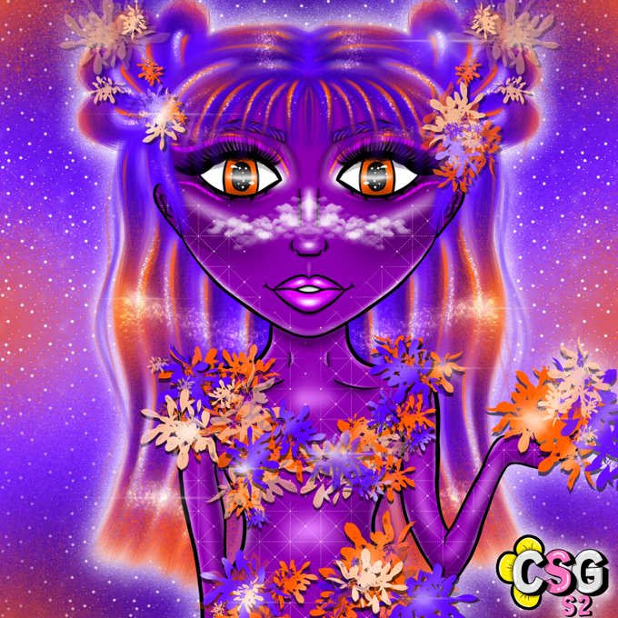 A colorful digital illustration of a purple-skinned anime-style girl with orange eyes, surrounded by flowers and clouds, signed 'CSG 32'.