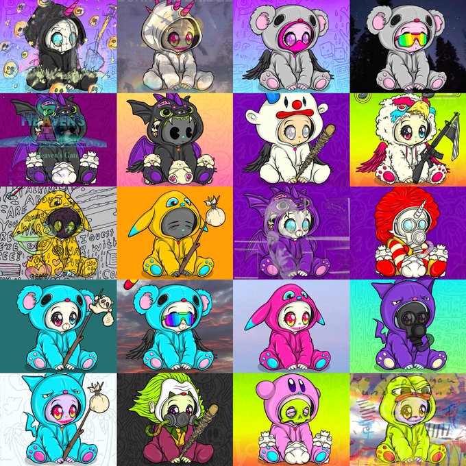 A 5x4 grid showcasing various cartoon-style plush characters in different colors and outfits, including koala and bunny-themed figures with accessories like swords, gas masks, and horns.