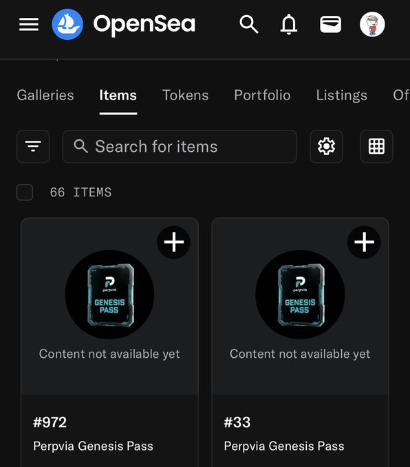 OpenSea app interface showing 66 NFT items, featuring two 'Perpvia Genesis Pass' tokens (#972 and #33) marked as 'Content not available yet'.