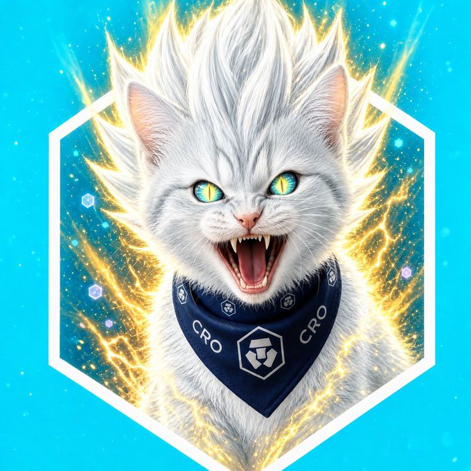 The image shows a fierce, roaring white cat with electric yellow energy crackling around it, wearing a blue bandana featuring the "CRO" (Cronos) logo and hex symbols — fitting the post's "WEN $ultCAT?" teaser by visually hyping a powerful crypto-themed cat mascot.