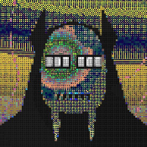 A pixelated digital artwork featuring a face with green glasses, composed of colorful mosaic-like patterns against a dark background.