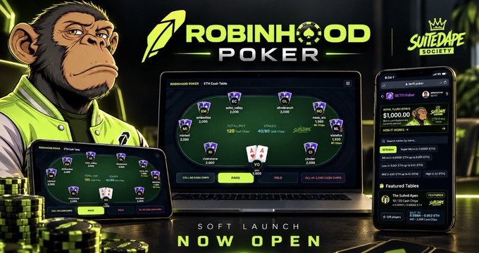 A promotional graphic for 'ROBINHOOD POKER' Soft Launch featuring a cartoon monkey mascot, devices showing poker games, and the 'SUITEDAPE SOCIETY' logo.