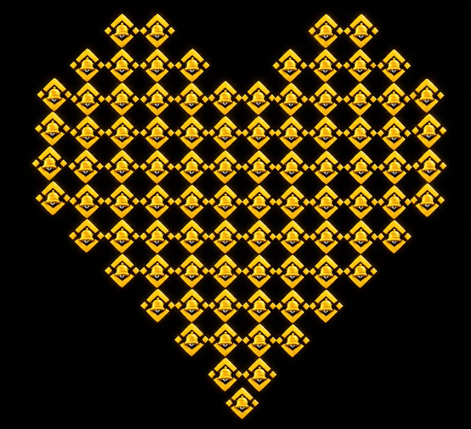 A heart made of small golden diamond/bell-shaped icons on a black background, visually echoing the message "I love you my friends" with its heart-shaped arrangement.