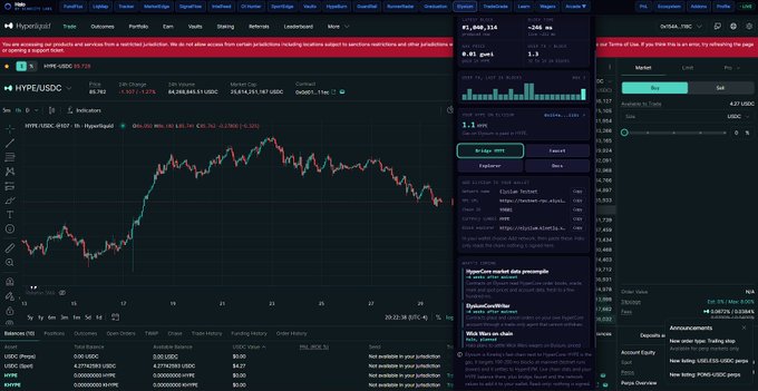 A cryptocurrency website screenshot showing HYPER/USDC price charts on Hyperliquid alongside a market widget displaying HYPE token info, Discord links, and trading information with various metrics.