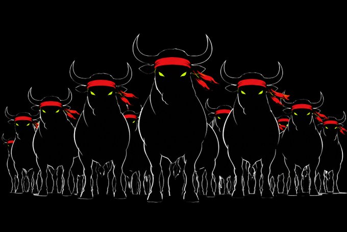 A digital illustration showing a herd of black silhouetted bulls with glowing yellow eyes and red headbands, charging forward against a black background.