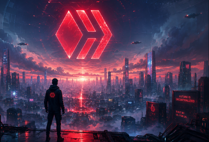 A cyberpunk-style digital art piece shows a hooded figure overlooking a futuristic neon-lit city at sunset, with a large glowing red logo in the sky and a billboard reading 'FUTURE IS DECENTRALIZED BUILT BY US, FOR US.'