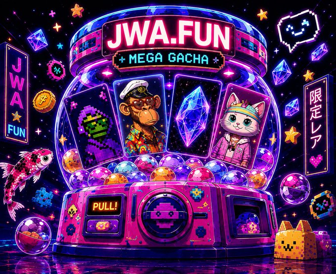 A vibrant, pixel-art style gacha machine labeled "JWA.FUN" and "MEGA GACHA" displays collectible cards featuring characters like a captain monkey and a unicorn cat, alongside a glowing crystal and a "PULL!" button. The neon-lit, retro-gaming aesthetic reinforces the post's message about JWA.FUN's platform, where users can stake NFTs in pools to earn transaction fees or try their luck winning high-value NFTs through small-stake gacha pulls.