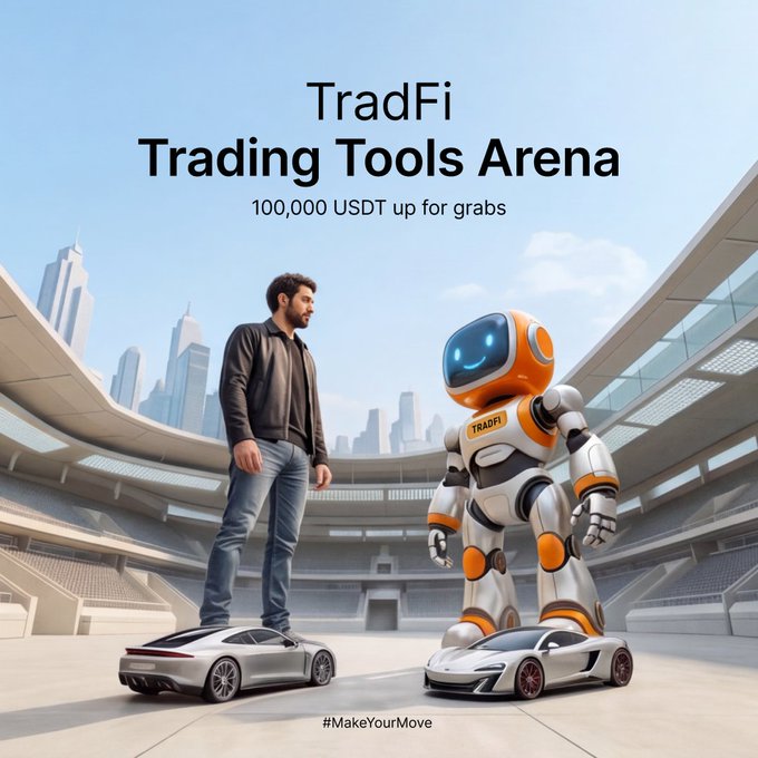 The image is a promotional graphic for "TradFi Trading Tools Arena" featuring a man and a robot (labeled "TRADFI") standing face-to-face on toy sports cars in a stadium, with a city skyline in the background. The text announces "100,000 USDT up for grabs" and includes the hashtag "#MakeYourMove," directly tying into the advertised Bybit TradFi competition.