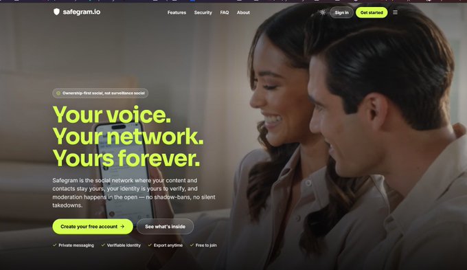 The homepage of safegram.io, a social network platform, with the headline 'Your voice. Your network. Yours forever,' promoting ownership-first social features including private messaging, verifiable identity, export capabilities, and free job access.
