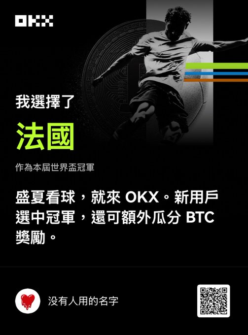 A black promotional advertisement for OKX features a soccer player kicking a ball with text in Chinese mentioning France ('法國') as the World Cup champion choice and offering BTC rewards for new users.