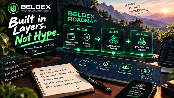 A promotional graphic for 'BELDEX' featuring a roadmap timeline from Q3-Q4 2026 to 2027, with text reading 'Built in Layers, Not Hype' and 'Privacy Foundation First. Then EVM.'