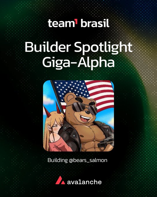 The image features a cartoon bear wearing sunglasses, standing next to an American flag with the words "Builder Spotlight" written above him. The caption below the bear reads "Building @bears_salmon, a community game on X that evolved into an incubator focused on supporting and funding projects built natively on @avax". This suggests that the image is related to a project or initiative named "@bears_salmon" which was started by a founder of the same name. The bear's sunglasses could be seen as a symbol for the idea of being unique, creative, and standing out from others in the community game.
