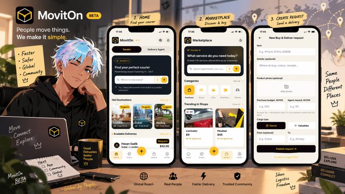 Promotional graphic for 'MovitOn BETA' app featuring an anime-style character and three phone screens showing home, marketplace, and delivery request interfaces.