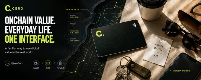 An advertisement for 'C.CERO' with the text 'ONCHAIN VALUE. EVERYDAY LIFE. ONE INTERFACE.' alongside a card showing onchain value, balance, transaction, and network details, next to a coffee receipt for $4.50.