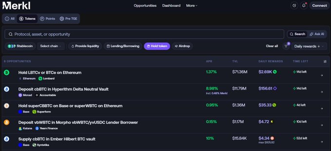 A screenshot of the Merkl Protocol interface on Ethereum displaying various DeFi opportunities including holding LBTCy or BTCe, depositing cBBTC in Morpho, and lending on Symbiotic, with APRs ranging from 0.16% to 1.37%.