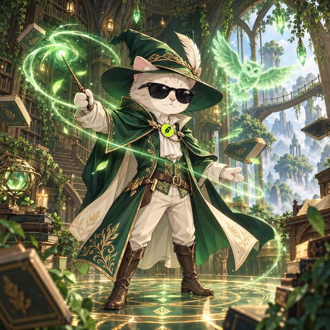 A white cat dressed as a wizard in a green robe and hat, wearing sunglasses, casts green magic while holding a wand, accompanied by a glowing green owl in a magical library.