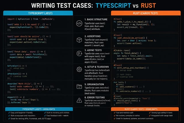 The image shows a black and white poster with information about writing test cases for different programming languages, including Rust. It displays the differences between writing test cases for Typescript and Rust, providing an overview of each language's requirements and best practices. The poster also includes a list of steps to follow when writing test cases in both languages.