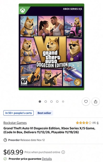 An Xbox store page for 'Grand Theft Auto VI Dogecoin Edition' by Rockstar Games for Xbox Series X|S, priced at $69.99, featuring Doge memes replacing game characters.