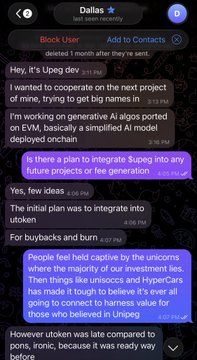 A screenshot of a Telegram chat with 'Dallas' discussing a business deal involving Upeg, Supeg, EVM, and Uniswap.
