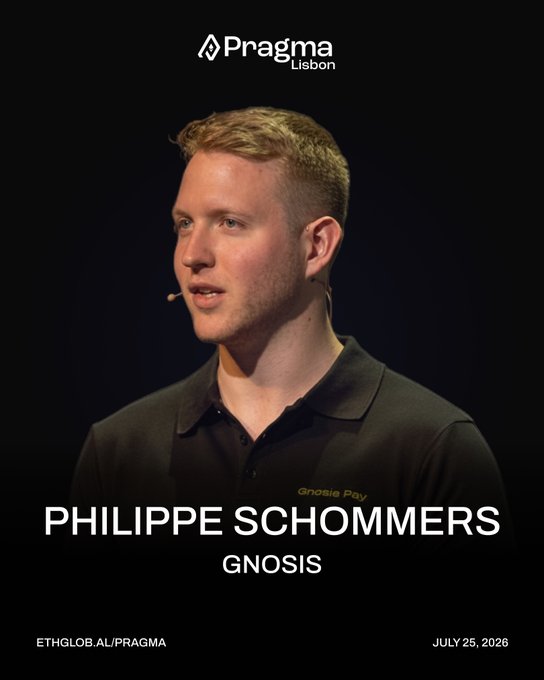 A man with blond hair wearing a black polo shirt with a "Gnosis Pay" logo speaks on stage at the Pragma Lisbon conference. The image features text identifying him as Philippe Schommers from Gnosis, dated July 25, 2026, promoting the event at Pavilhão Carlos Lopes.